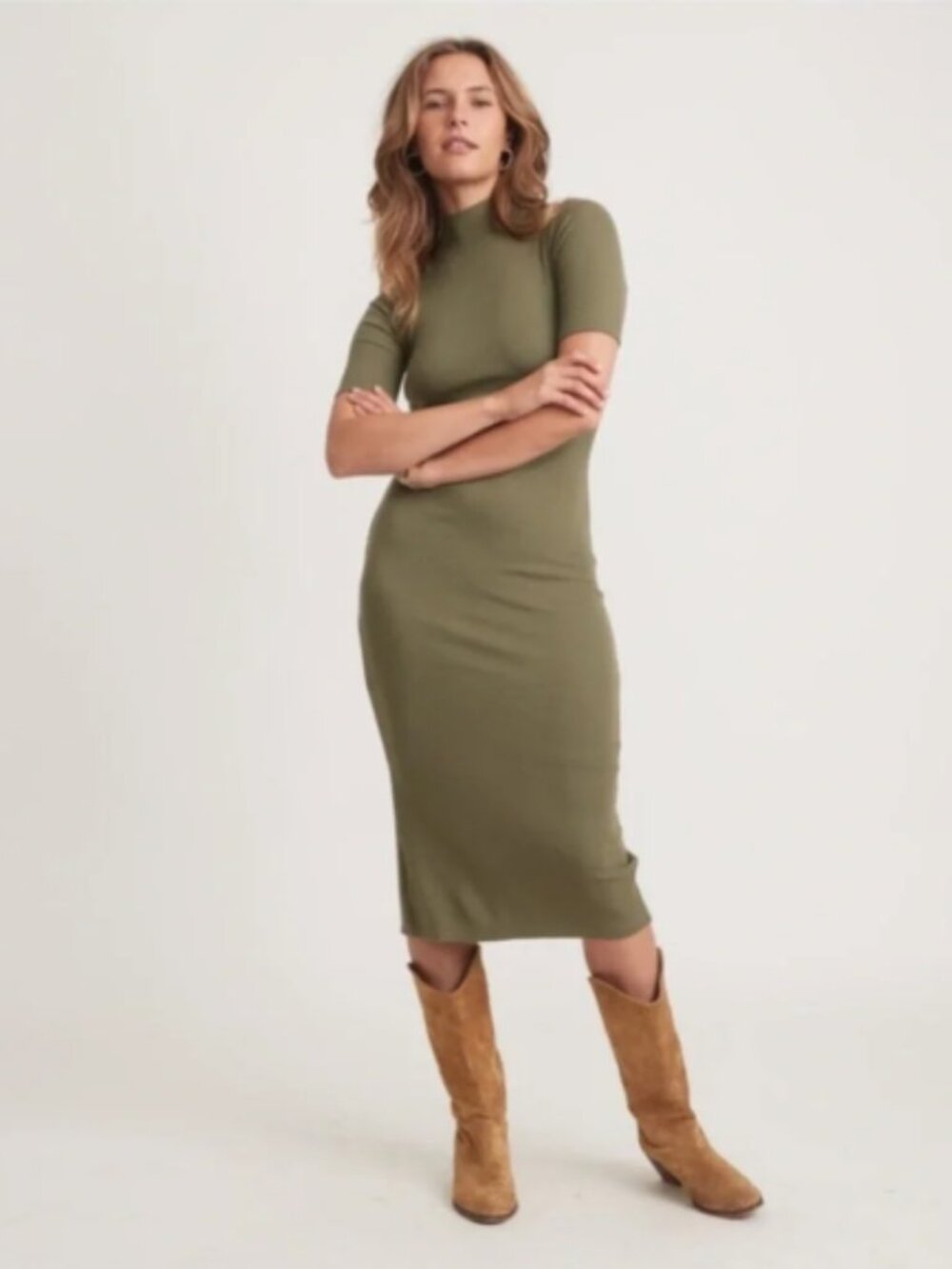 NWT! Marine Layer Olive Green Lexi Rib Mock Neck Short Sleeve Midi Dress XL